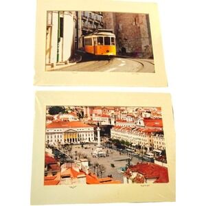 2 Vintage Claud Taylor Matted Photo Lisbon Portugal‎ Yellow Trolly 14x11 Signed